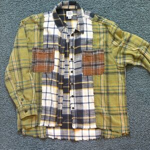 BDG Patchwork Plaid Button-Down Shirt in Yellow-Green, Navy & Brown